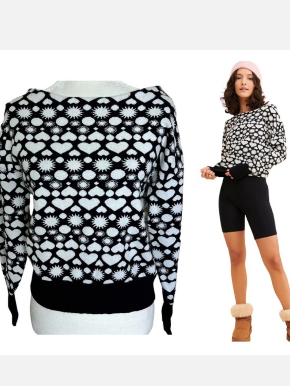 Maeve Anthropologie Black And White Heart Sun Sweater -XL/1x - Picture 4 of 4